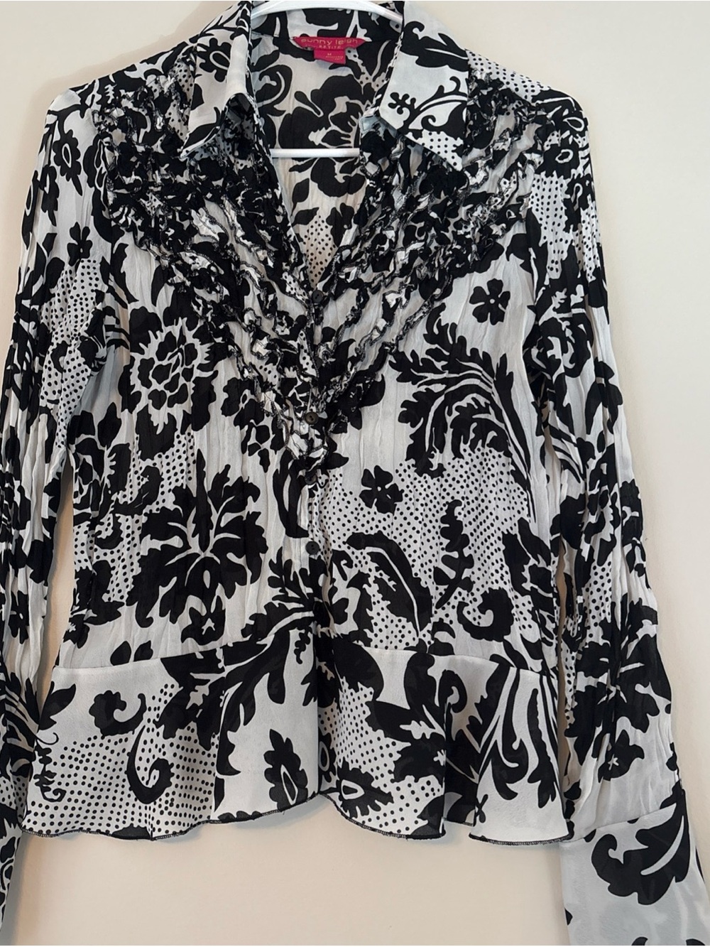 Sunny Leigh Black and White Floral Ruffle Button-Down Blouse